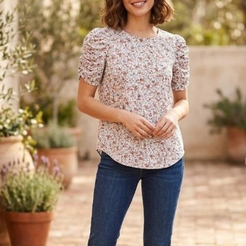LOFT Floral Chiffon Blouse Womens M Ruched Short Sleeve Top Cottagecore Romantic